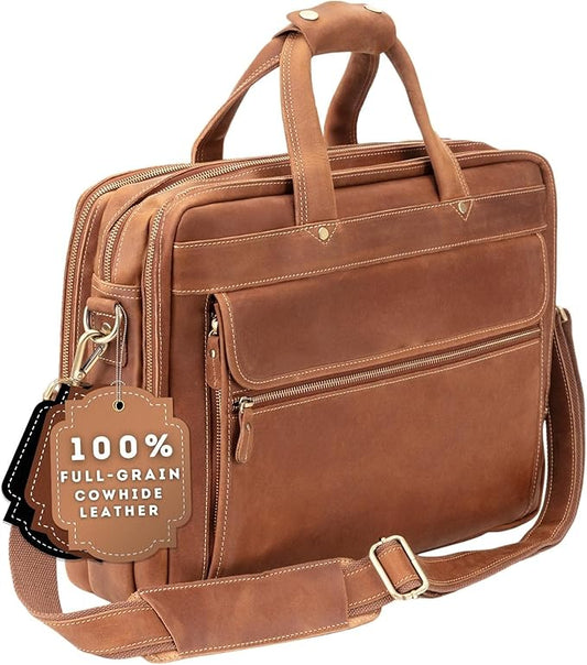 Luxorro Full Grain Leather Briefcase for Men, Light Brown, 17"(W) x 13"(H) x 5"(D), Fits 15.6 Inch Laptop
