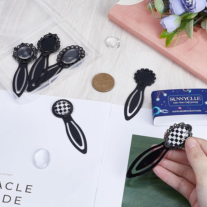 SUNNYCLUE 1 Box 12Pcs DIY 6 Sets Cabochon Bookmark Retro Style Black Metal Bookmarks Blanks Glass Dome Vintage Bookmark Bezel Tray Book Marks Clip Round Oval Clear Cabochons for Bookworm DIY Crafts