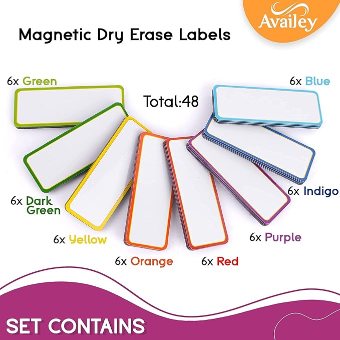 Availey 48 Pieces (3.2 x 1.2") - Colored Border Magnetic Dry Erase Labels - Reusable Strips for Classroom Home Office Garage Refrigerator Blank Writable Erasable Cards Name Tags Students Locker Shelf