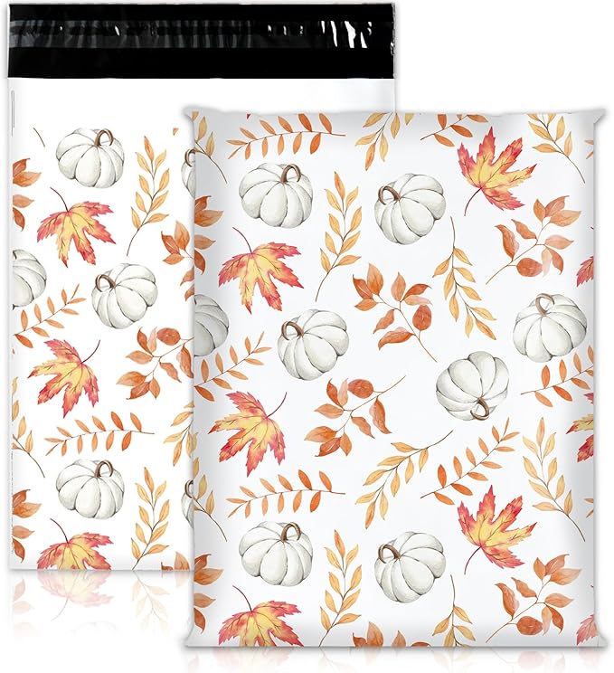 100Pcs Fall Poly Mailers 10 x 13 Inch Pumpkin Leaves Autumn Mailing Bags Thanksgiving White Orange Self-Sealing Plastic Packaging Envelopes Bags Shipping Bags for Small Business Clothing
