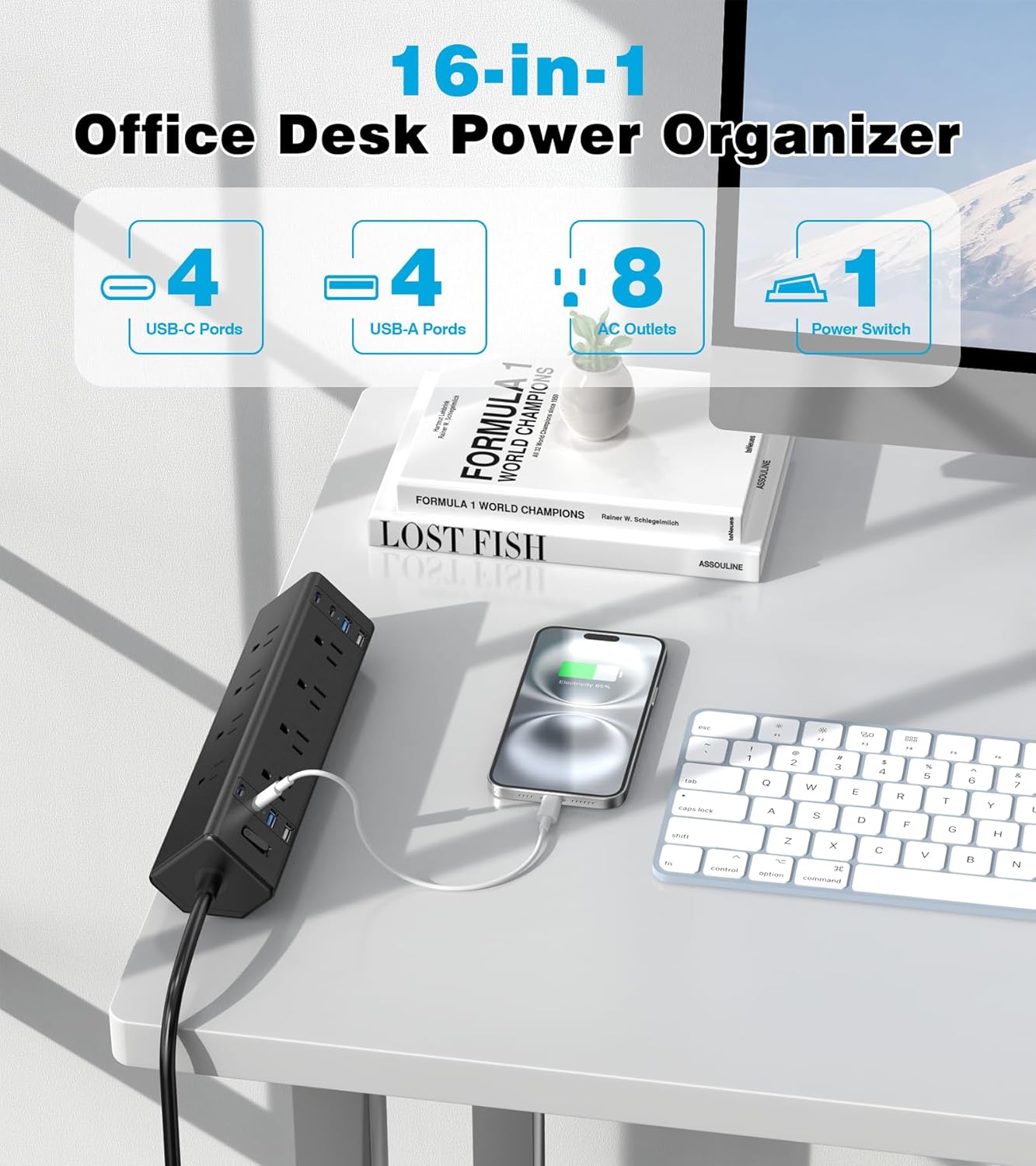 Desk Clamp Power Strip, 40W Total Fast Charging Station, Desk Edge Mount Power Strip, 8 USB Ports(4 USB C) & 8 AC Outlets, Fit 1.9" Tabletop Edge(6Ft 14AWG Cable)