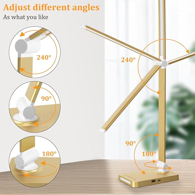 LED Desk Lamp with USB Ports,Touch Desk Lamps for Home Office with 5 Color Modes,3 Brightness Desk Light with Small Night Light,Reading Lamp Table Lamp for Bedroom Bedside Study Gold （with adapter）