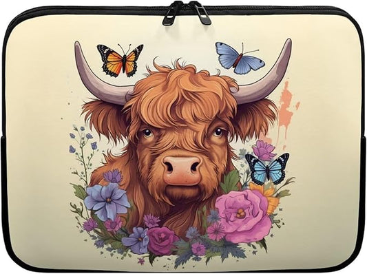 Highland Cattle Laptop Sleeve for Women 10 inch Lap Top Case Lightweight Laptop Protector Zippered Pouches with Humanize Design Computer Carrying Case Flower Cow Tablet Bag Briefcase