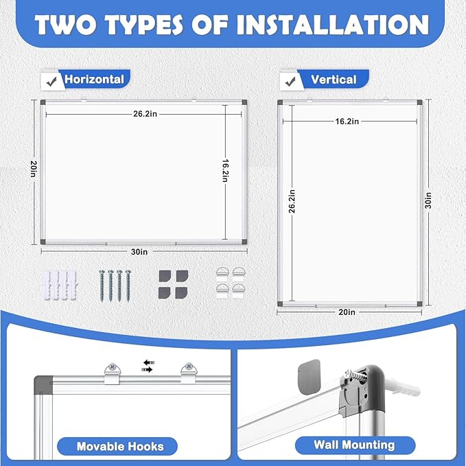 WALGLASS Double-Sided White Board 20" x 30", Dry Erase Board, Magnetic Whiteboard Silver Aluminium Frame, Wall-Mounted or Hanging Board for Home, School, Office, Kitchen