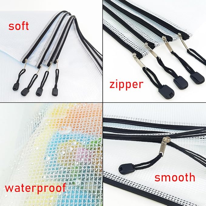 AUSTARK 10 Pcs Zipper File Bags, Waterproof Plastic Mesh Pouch for Office School, Board Game Storage Bags (A3 Size 16.9''x12'', White and Black)