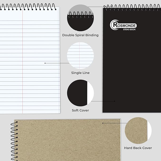 12 Pack Spiral Steno Pads, 6 x 9, Gregg Rule, Black Steno Pad, Long Lasting - 80 Sheets (160 Pages), Top Spiral Notebook, Bulk Steno Notebook for Business, Top Spiral Steno Book for Office