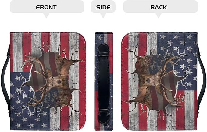 Lotusorchid Reindeer Bible Cover Case, Zippered Bible Carrying Case for Women Girls, Portable American Flag Bible Tote Bag Sturdy Bible Book Cover for Bible Study, Christian Bible Accessories,L