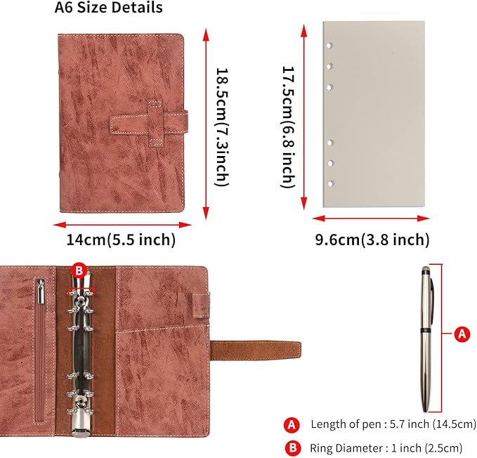 Wonderpool Leather Journal Refillable Binder A6 Writing Notebook Folder Organiser with Dotted Paper & Multi Pockets Cover for Business School Travel (A6, Coffee)