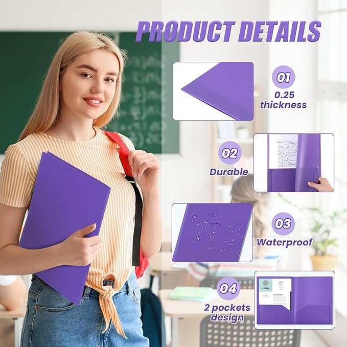Gueevin 24 Pcs Plastic Folders with Pockets, Two Pocket Folder Fit Letter Size, Heavy Duty School Business Card Holder for Home Office School Bussiness, 11.61 x 9.45 Inches (Purple)