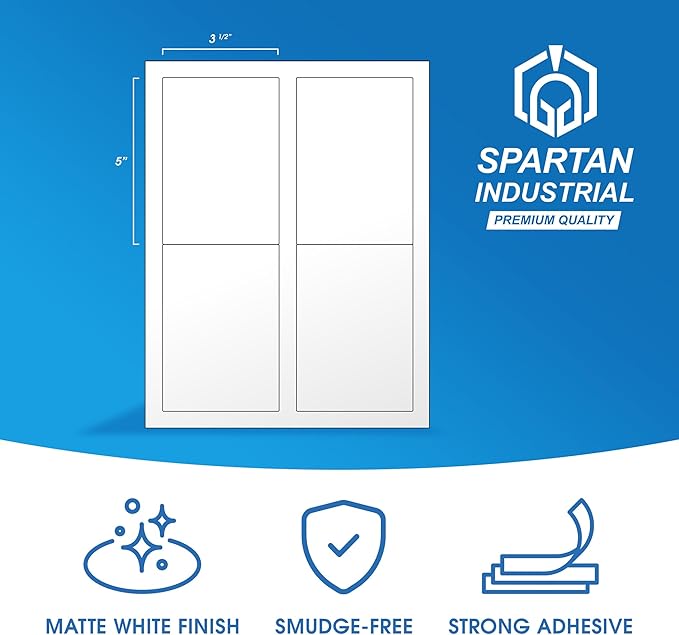 3 1/2" X 5" Matte White Printable Labels Compatible with Inkjet and Laser Printers - 30 Sheets, 120 Stickers for Shipping, Mailing, and Organization - Spartan Industrial