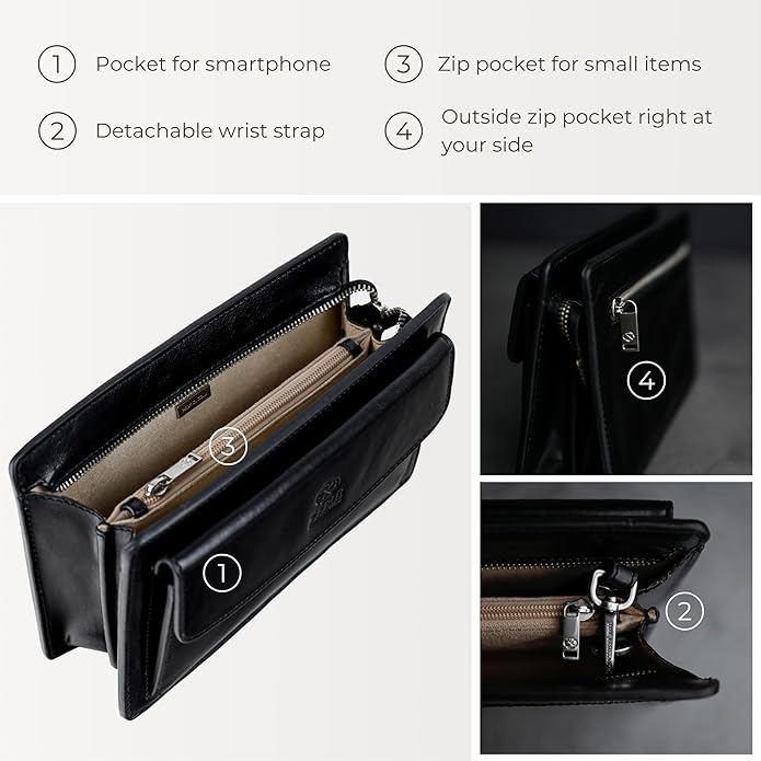 Time Resistance Leather Clutch for Men Organizer Wrist Bag Briefcase Handmade in Italy Gift Box Included