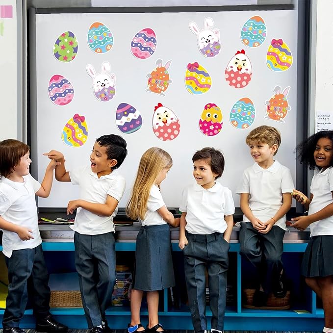 BeYumi 45Pcs Easter Egg Cutouts Bulletin Board Decoration Set Colorful Bunny Chick Decals Stickers DIY Cardstock Paper Cutout Happy Easter Egg Hunt Game Party Supplies Decor for Classroom Bedroom