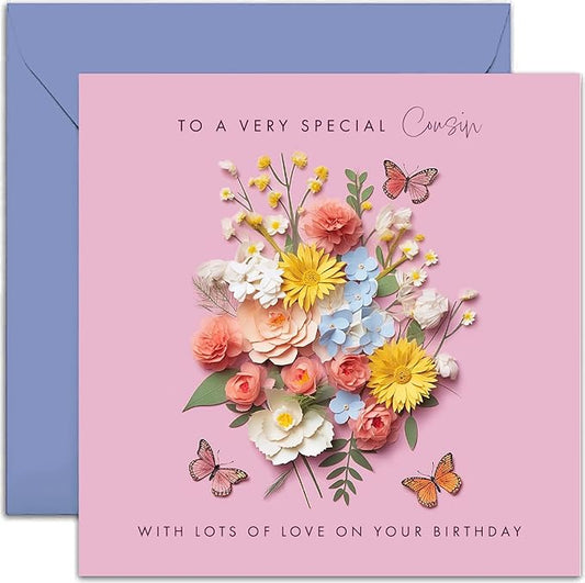 Old English Co. Special Cousin Birthday Card for Her - Pink Flower Butterfly Artwork Birthday Card for Cousin - Cute Cousin Birthday Card | Blank Inside Envelope