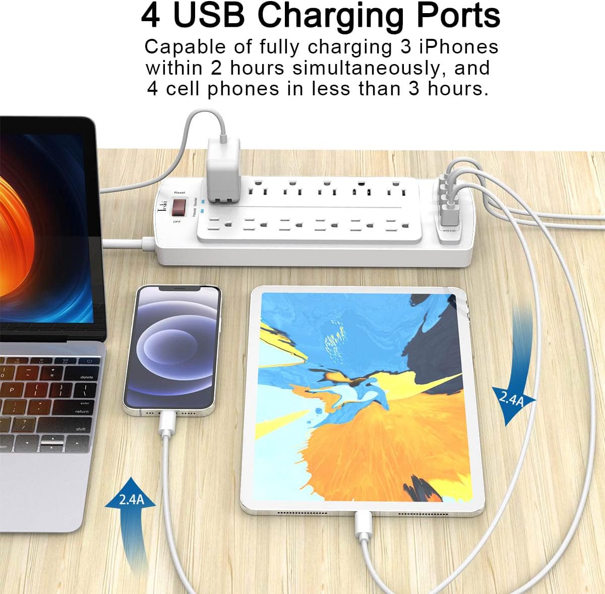 Power Strip, Tcstei Surge Protector with 12 Outlets and 4 USB Ports, 10 Feet Extension Cord (1875W/15A) for Home, Office, Dorm Essentials, 2700 Joules, ETL Listed, White