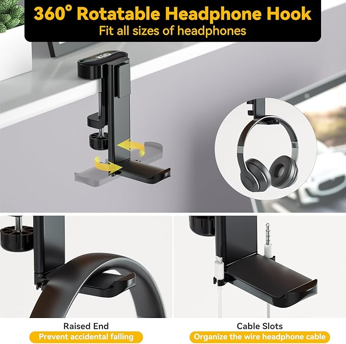 KDD 4 in 1 Desk Cup Holder - Clamp on Under Desk Headphone Hanger - Rotating Headphone Holder Detachable Pen Cup Holder Desk Storage for Cup, Phone and Pen(Black)