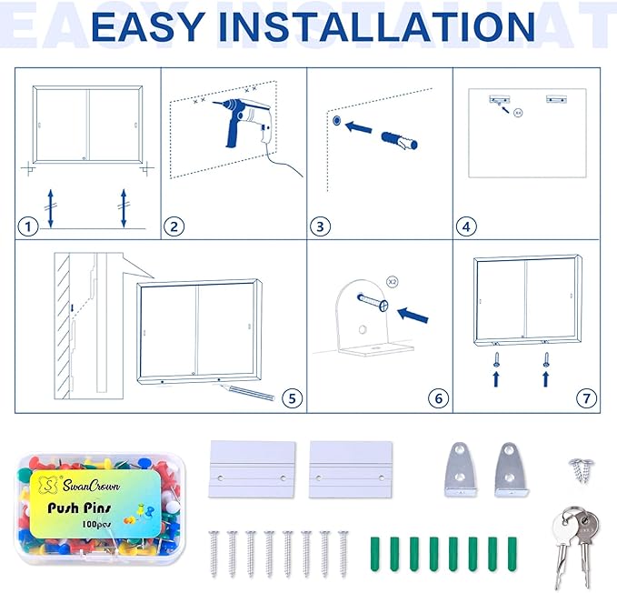 SWANCROWN Enclosed Locking Bulletin Board Cork Message Board with Sliding Glass Doors,for Indoor Use,48"x31.5"