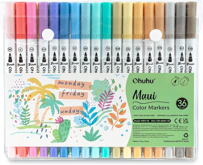 Ohuhu Markers for Adult Coloring Books No bleeding 36 Pastel Colors Coloring Markers Water-based Dual Tips Fineliner & Brush Drawing Pens Art Markers for Kids Adults Sketch Journal - Maui