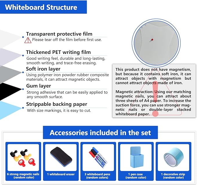 Magnetic White Board Film, 78" x 39" Dry Erase Board for Wall, Self Adhesive Whiteboard Paper Set for Office, Conference Room, Classroom, Home, Include Marker, Magnetic Eraser and Magnets