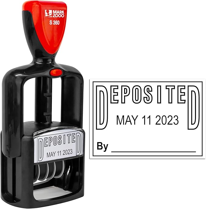 Self-Inking Rubber Date Office Stamp with Deposited Phrase - Black Ink - 12-Year Band