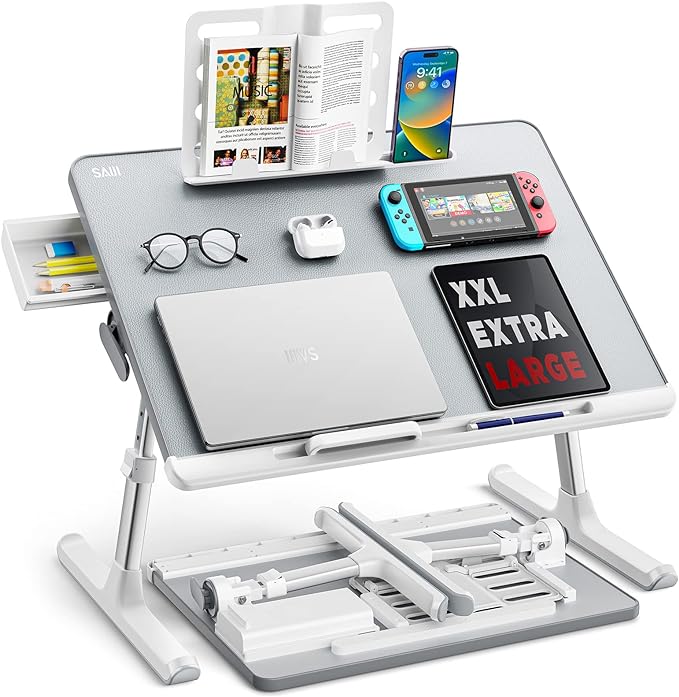 SAIJI Bed Desk for Laptop, XX-Large Leather Adjustable Foldable Laptop Bed Tray Desk, Super Sturdy Laptop Table Lap Desk for Bed, Sofa Couch Floor Maximum Size 17.7"*23.6"(Gray)