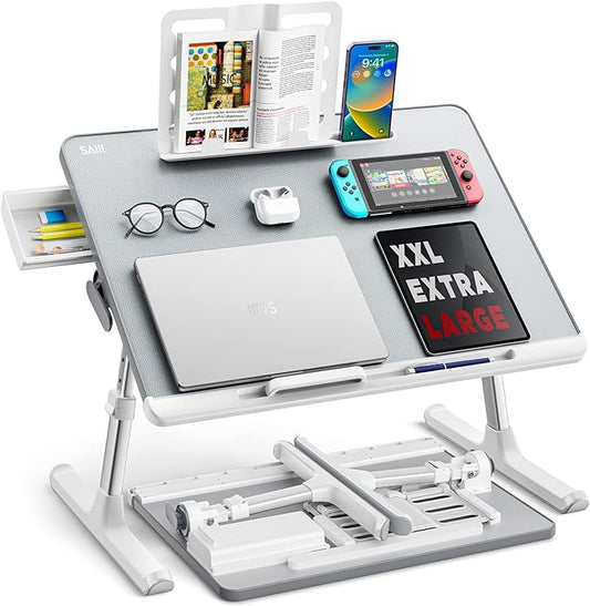 SAIJI Bed Desk for Laptop, XX-Large Leather Adjustable Foldable Laptop Bed Tray Desk, Super Sturdy Laptop Table Lap Desk for Bed, Sofa Couch Floor Maximum Size 17.7"*23.6"(Gray)