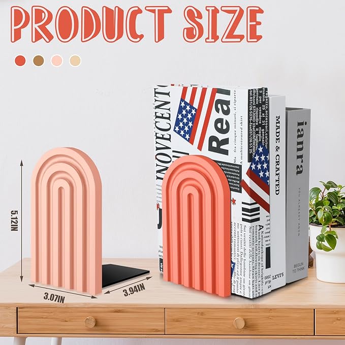 Harloon 4 Pieces Boho Arch Wood Bookends Rainbow Arch Back to School Gift Ideas Non Skid Bookend Decorative Wooden Book Stand Book Stoppers for Books Movies CDs(Cute Color)