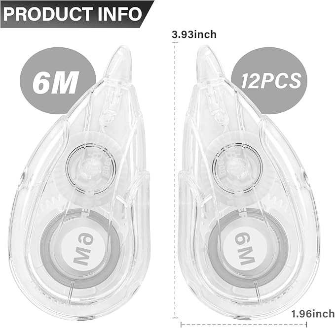 Correction Tape, Easy To Use Applicator for Instant Corrections Wrong Writing At Any Time, For school, Office (White, 12pack, 6M/256" x 0.2")