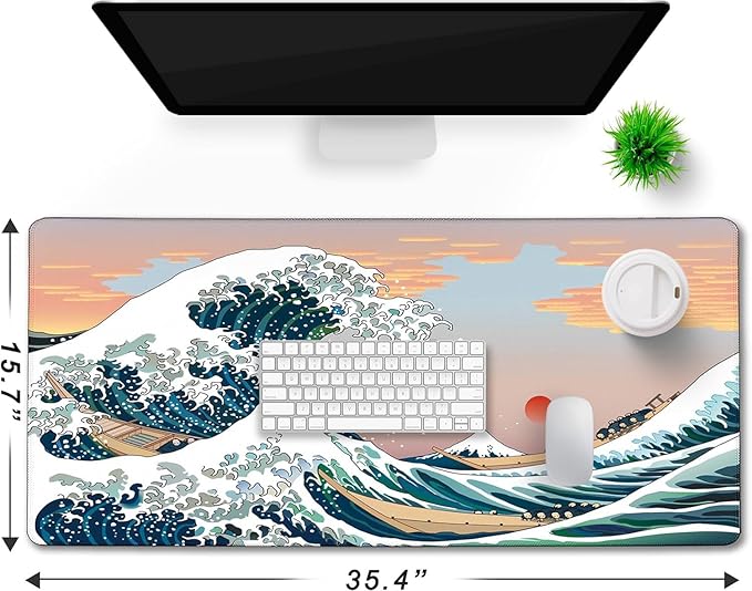 Japanese Large Mouse Pad,Desk Mat Large Office Desk Pad, Extended Large Mouse Mat for PC, Stitched Edges Gamer Mousepad 35.4 X 15.7 Inch Long Mice Pad, Sunset Sea