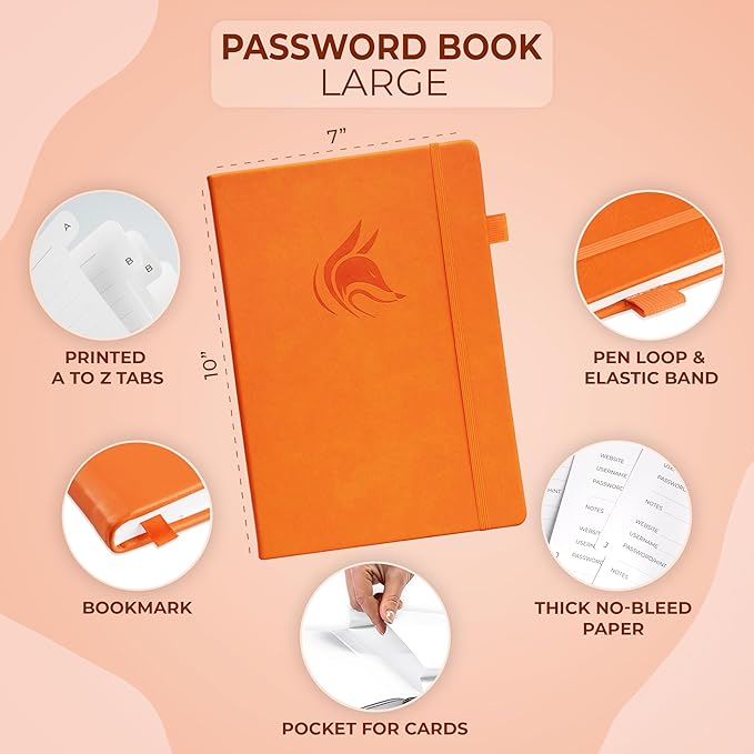 Clever Fox Password Book with Alphabetical tabs. Internet Address Organizer Logbook. Large Password Keeper for Website Logins (Orange)