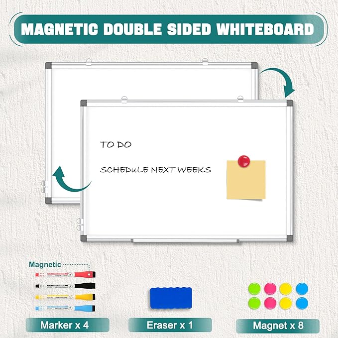 Double Sided Magnetic White Board, 36"x24" Dry Erase Whiteboard for Wall with Aluminum Frame Presentation Board for School, Office and Home