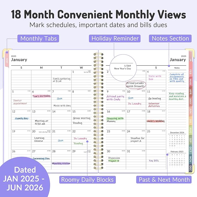 Forvencer Daily Planner 2025-2026, 18 Month Academic Planner, 8.5" x 11", Weekly and Monthly Planner, Jan 2025 - Jun 2026, Hardcover Day Planner, Spiral Agenda Book with Colorful Tabs, Office Home School Supplies, A4, Marble