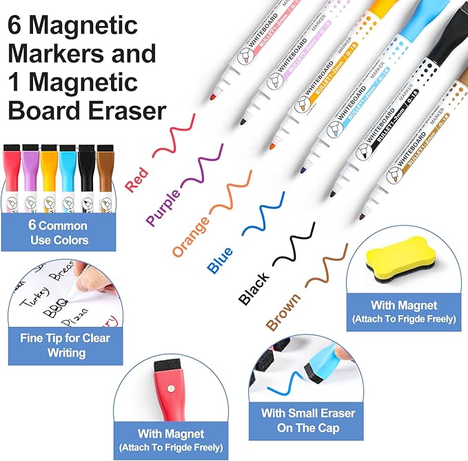 6 Pack Magnetic Dry Erase Board Sheet for Fridge, 12"x8" Erasable Refrigerator WhiteBoard w/ 6 Markers & 1 Eraser- Smooth and Flexible Small Magnet Blank Notepad for Home Kitchen Organizer and Planner