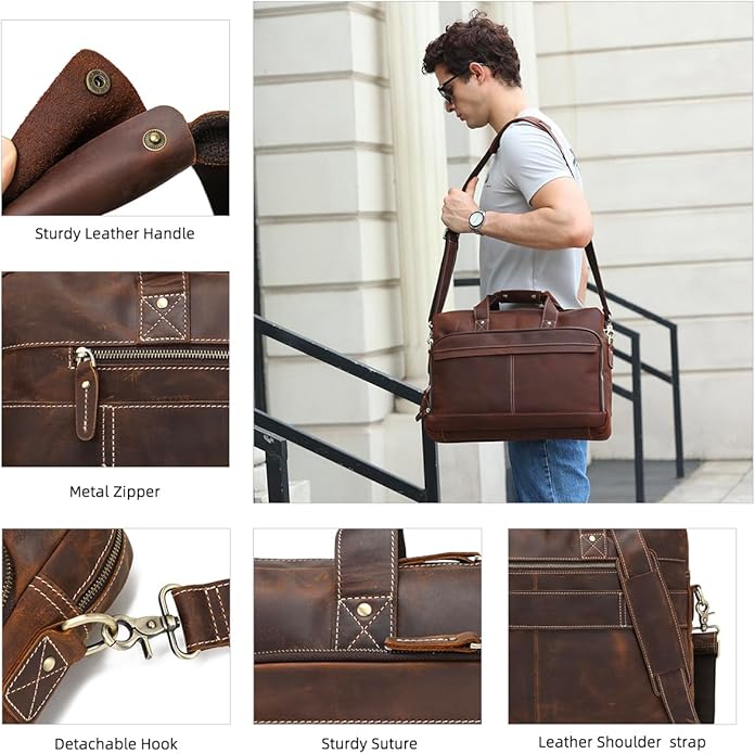 Full Grain 17.3" Leather Briefcase Messenger Laptop Bag For Men