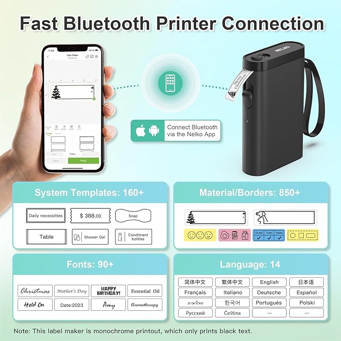 Nelko Label Maker Machine with Tape, P21 Bluetooth Label Printer, Wireless Mini Label Makers with Multiple Templates for Organizing Office Home, Black