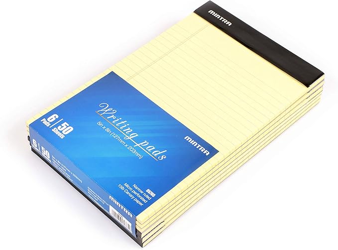 Mintra Office Legal Pads - ((BASIC CANARY 6pk, 5in x 8in, NARROW RULED)) - 50 Sheets per Notepad, Micro perforated Writing Pad, Notebook Paper for School, College, Office, Business
