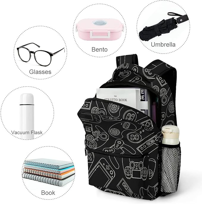 Fiokroo Video Game Controller Black Background Backpack School Bag For Students Teens Men Women Gaming Gadgets Laptop Backpacks Travel Daypack Bag With Multiple Pockets