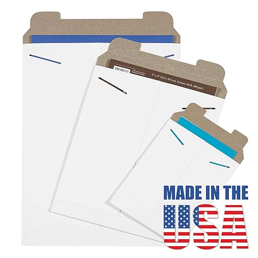 Aviditi 11" x 13 1/2" Stayflats Rigid Flat Mailers, White, For Keeping Documents, Photos, and Artwork Protected During Shipping (100 Pack)