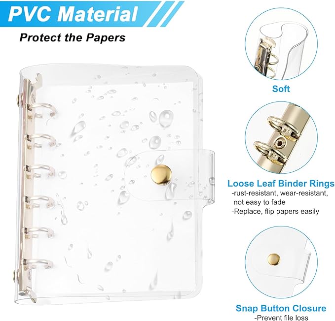 PATIKIL A7 Clear Binder Cover, Soft PVC Loose Leaf Binder Protector Refillable Notebook Shell with Snap Button Closure 6 Ring for DIY Meeting Notebook Folder, Gold Tone