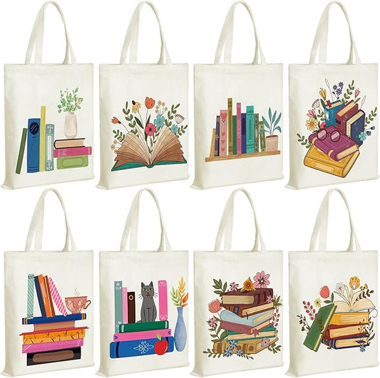 Sweetude 8 Pack Christmas Book Club Gifts Book Lovers Tote Bag Bulk Bookish Canvas bag Librarian Readers Gifts for Women(Book)