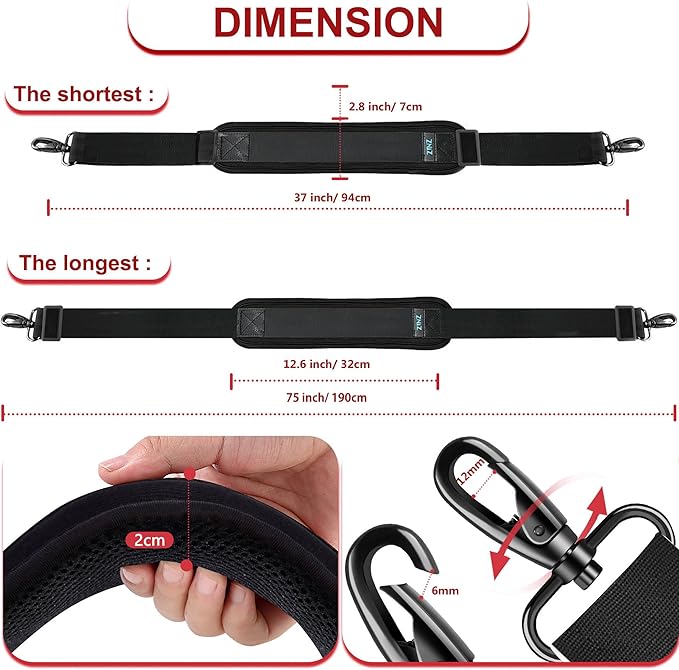 ZINZ 75" Shoulder Strap with Fixed Pad and Dual Balanced Buckles，Black