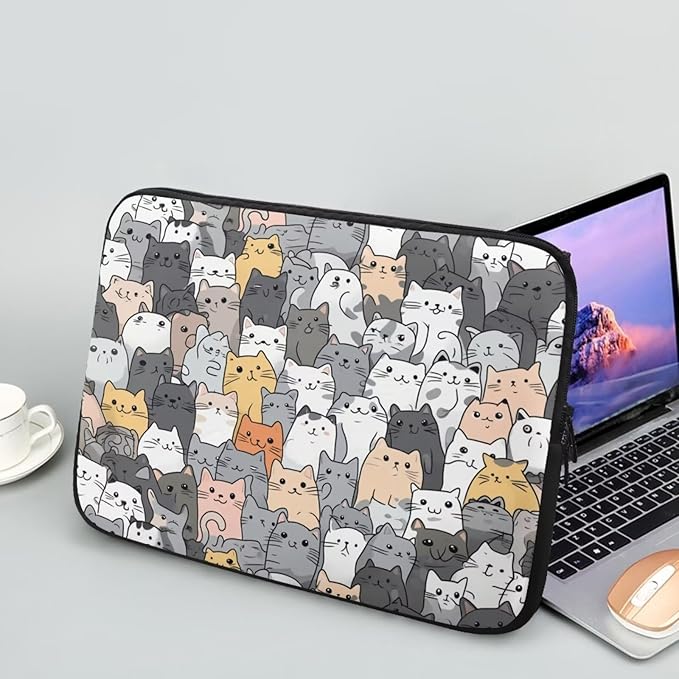 Cartoon Cat Print Laptop Briefcases for Men Women, Cute Laptop Sleeve Case Water Resistant Neoprene Computer Carrying Cover 12 Inch Laptop Carrying Bag