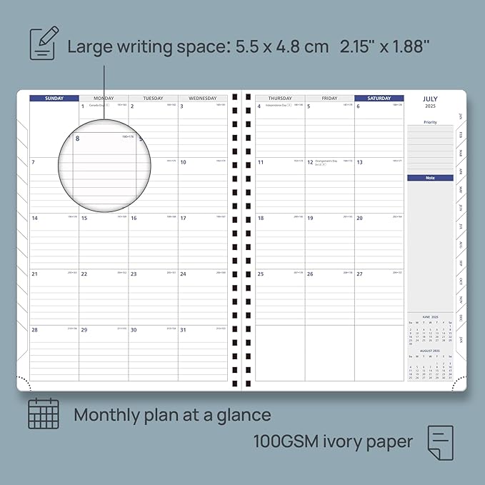 POPRUN 2025 Monthly Calendar Spiral Bound with Monthly Tabs 8.5" x 11", Large Writing Space Monthly Planner with PU Leather Soft Cover, Dual Pockets, Sunday Start - Brown