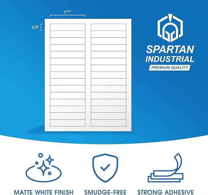 3 7/16" X 2/3" Matte White File Folder Labels Compatible with Inkjet and Laser Printers - 500 Sheets, 15000 Printable Paper Stickers for Return Addresses, Mailing, Organizing - Spartan Industrial