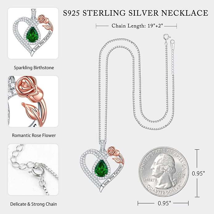 Hidepoo Christmas Gifts for Women Mom Wife - Sterling Silver Rose Heart Birthstone Necklace I Love You Forever Heart Pendant Teardrop Necklace Jewelry Anniversary Valentines Christmas Birthday Gifts