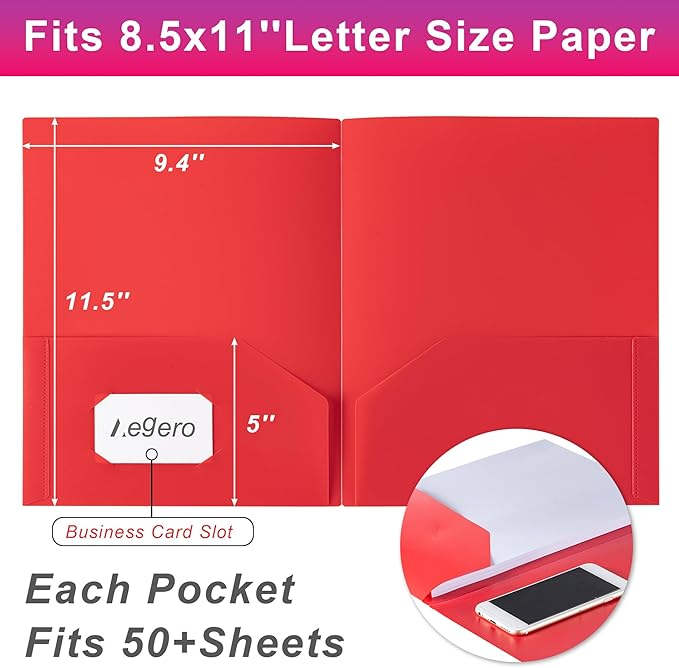 Plastic Folders with Pockets (7 Pack, Red), Durable Heavy Duty File Folders with Business Card Slot, 2-Pocket Folder for Schoolwork & Office,Letter Size