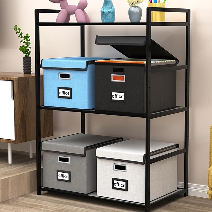 Huolewa Upgraded File Organizer Box with Lid, Collapsible Faux Leather Hanging File Folder Box Organizer with Plastic Slides, Decorative Home/Office Filing System Box for File and Folders Storage