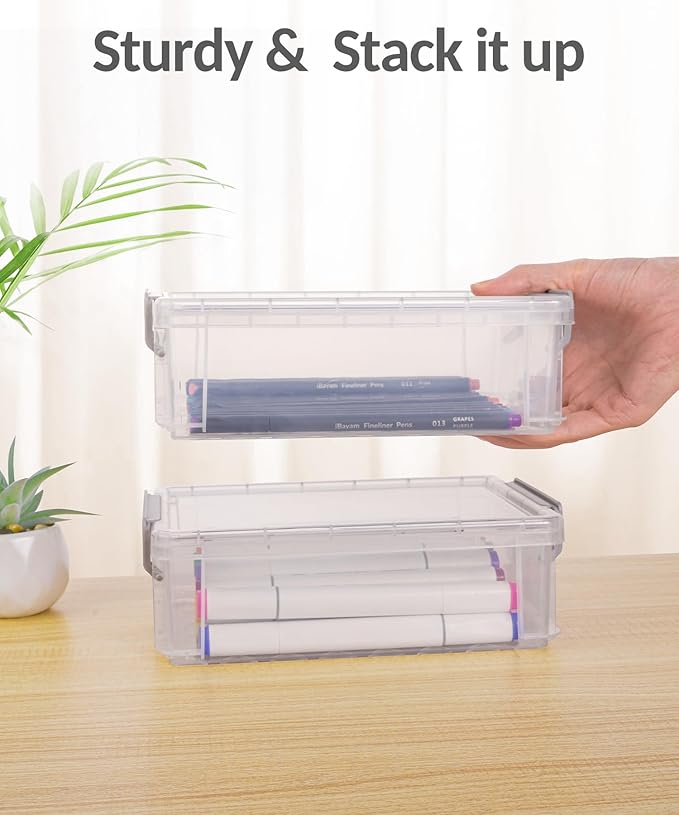 Sooez 6 Pack Extra Large Pencil Box, Plastic Pencil Case Crayon Box Bulk, Clear Marker Organizer Plastic Containers with Lid, Stackable Storage Box for Craft, Pen, Art, School Supply, Multicolor