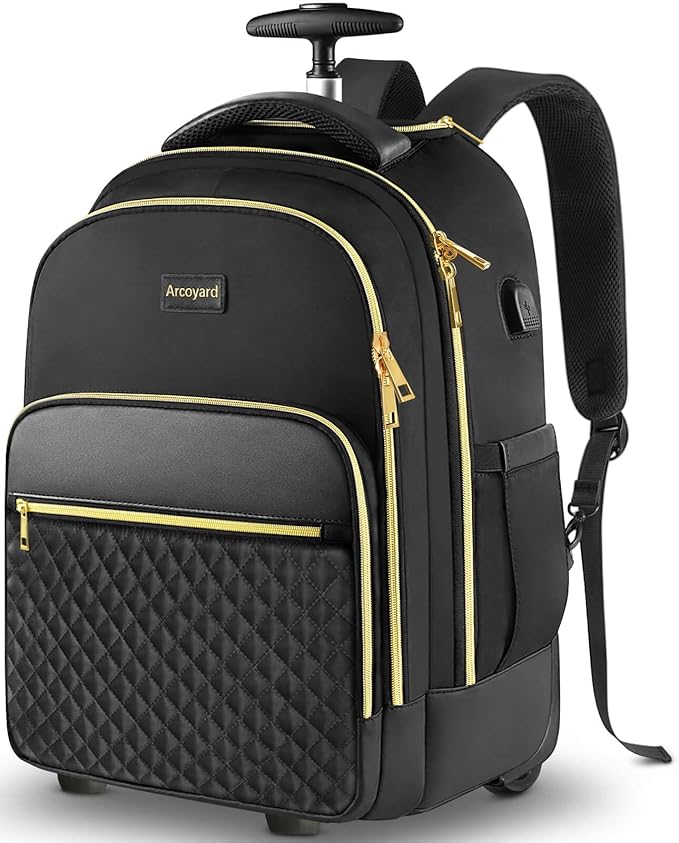 Rolling Backpack Carry On Luggage For Adults With Wheels, 40L Wheeled Backpack For Women, Travel Roller Backpack, Rolling Bag, Black Gold