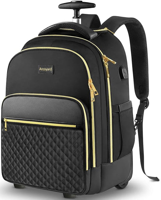 Rolling Backpack Carry On Luggage For Adults With Wheels, 40L Wheeled Backpack For Women, Travel Roller Backpack, Rolling Bag, Black Gold
