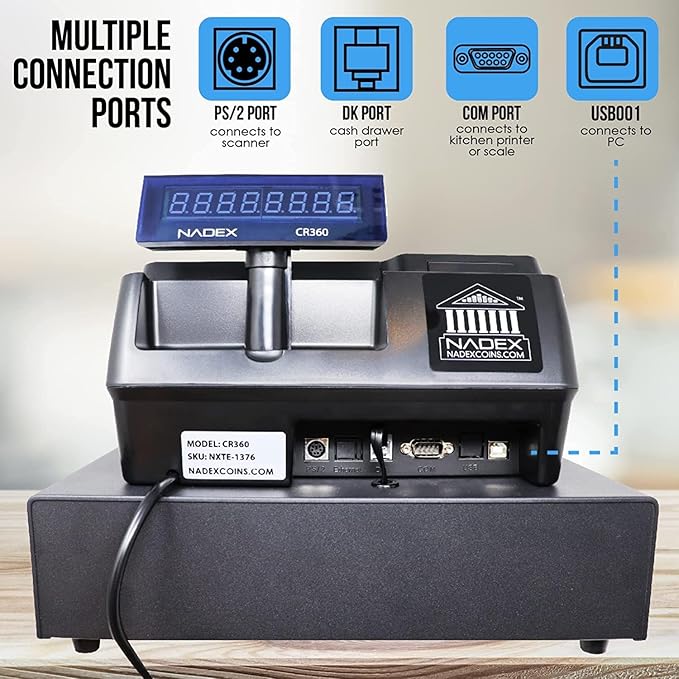 Nadex CR360 Cash Register, 4700 Lookups 50 Dept 50 Clerks, Quick Load Thermal Printer, Compact Size, Cash and Coin Drawer, Black